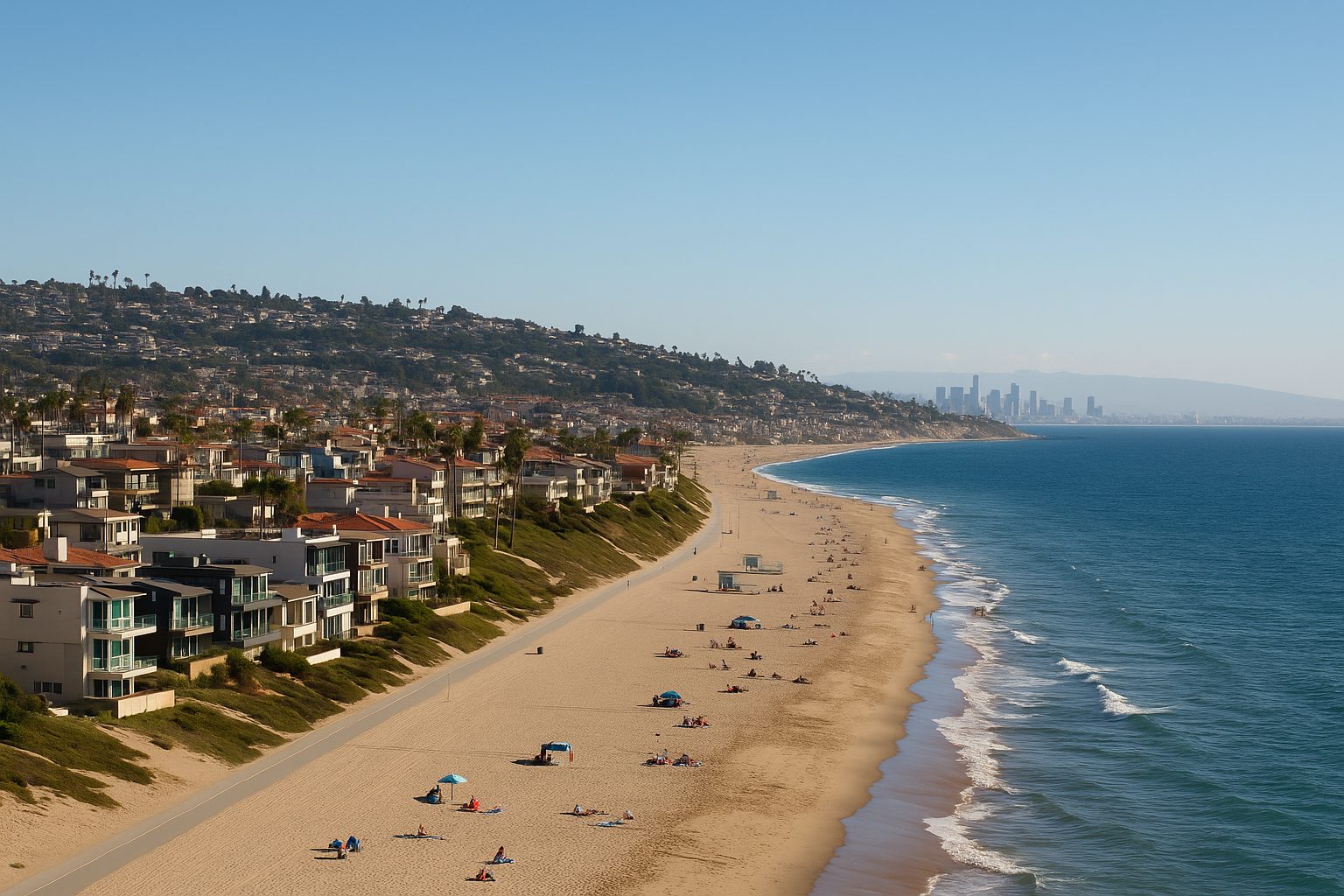 Aerial view of South Bay, Los Angeles, showing sandy beaches, oceanfront homes, palm trees, and the Pacific Ocean with downtown skyline in the distance